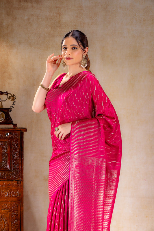 Fuchsia Pink Crepe Saree with Vertical Zari Buttas and Striped Zari Border