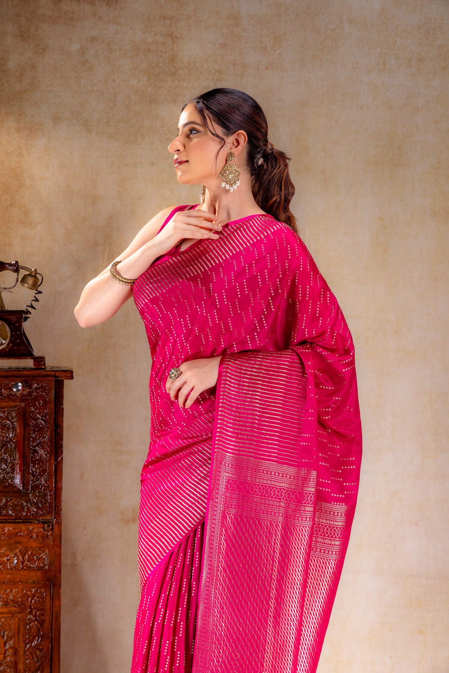 Fuchsia Pink Crepe Saree with Vertical Zari Buttas and Striped Zari Border