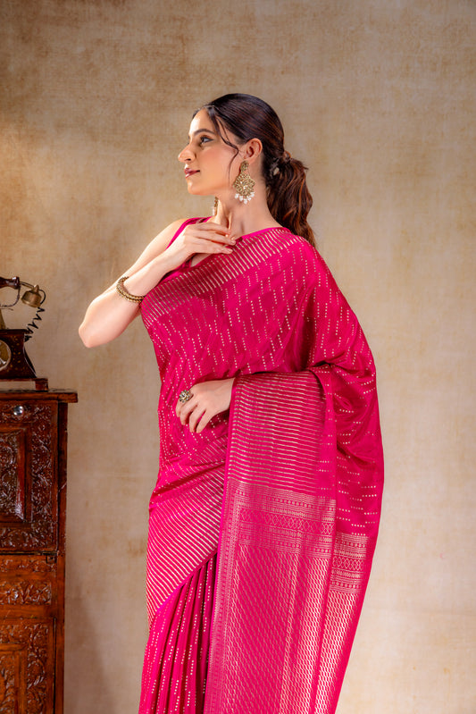 Fuchsia Pink Crepe Saree with Vertical Zari Buttas and Striped Zari Border