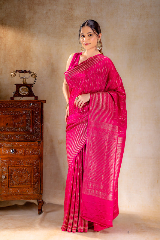 Fuchsia Pink Crepe Saree with Vertical Zari Buttas and Striped Zari Border