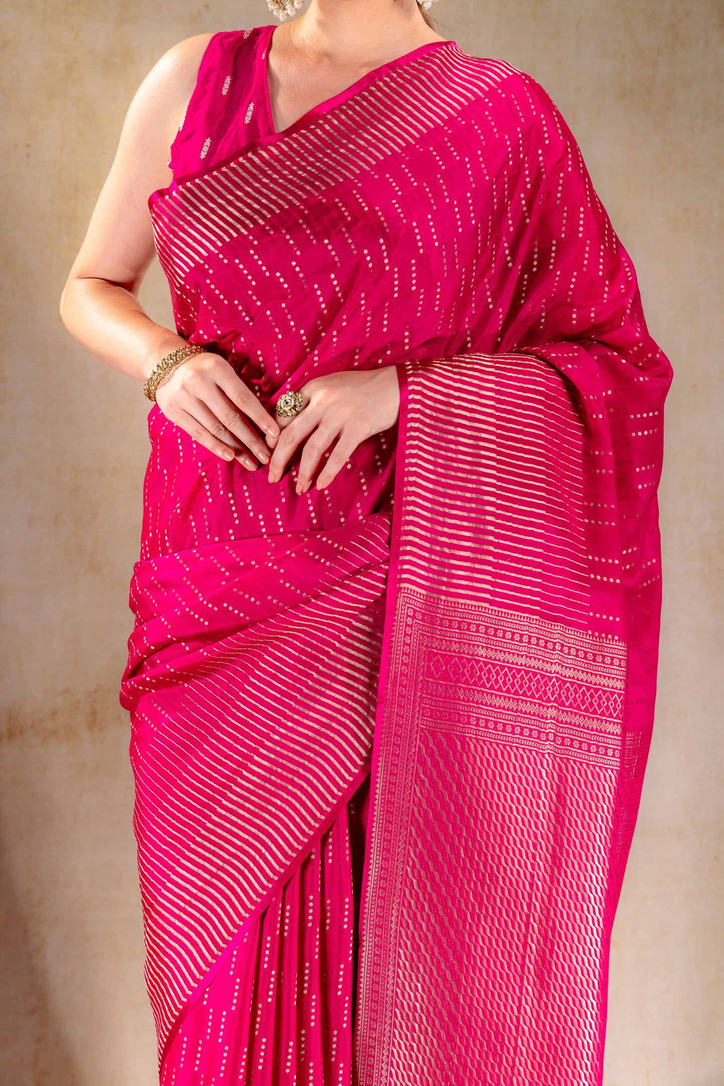 Fuchsia Pink Crepe Saree with Vertical Zari Buttas and Striped Zari Border