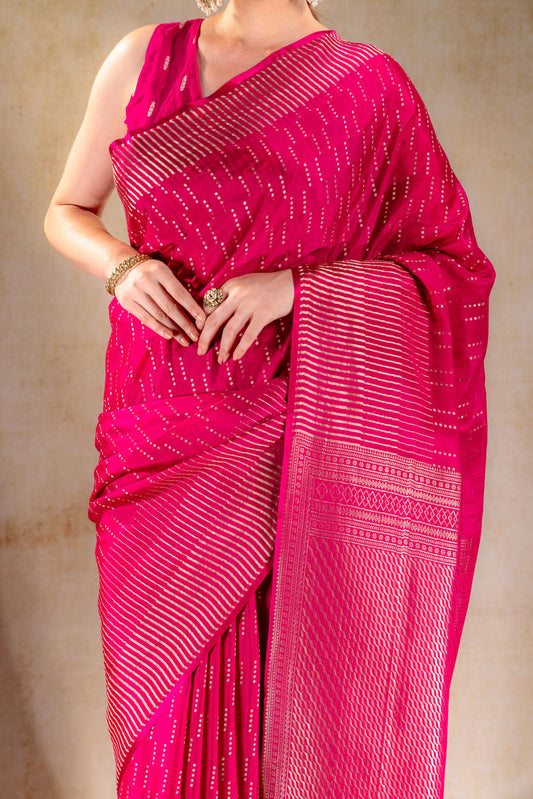 Fuchsia Pink Crepe Saree with Vertical Zari Buttas and Striped Zari Border