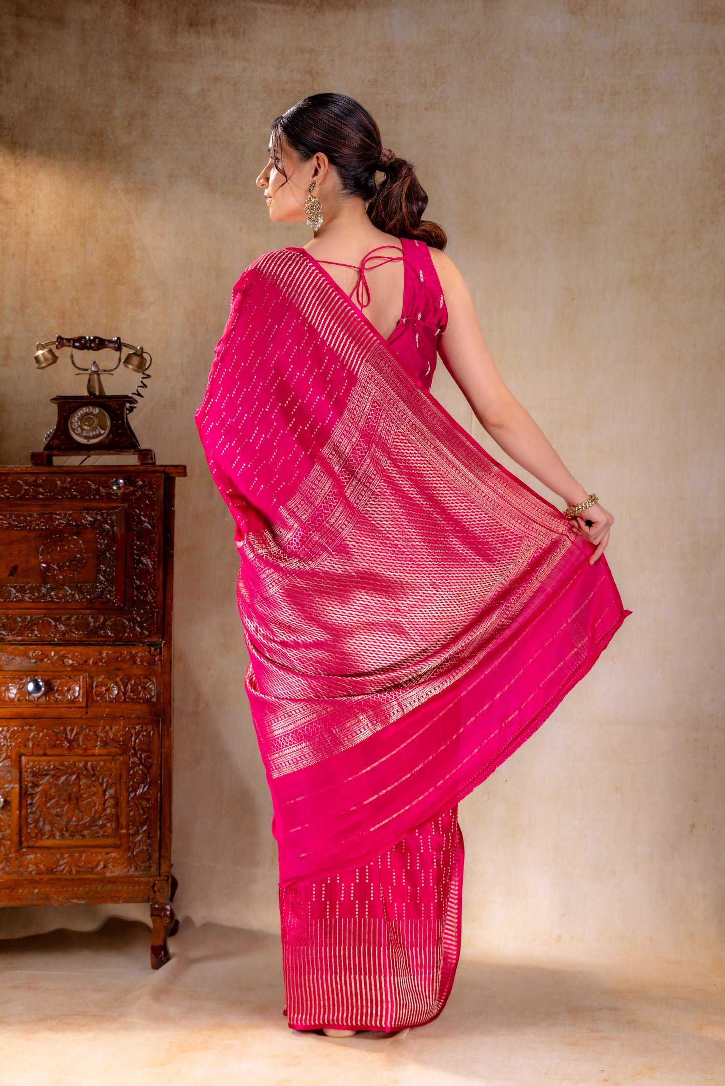Fuchsia Pink Crepe Saree with Vertical Zari Buttas and Striped Zari Border