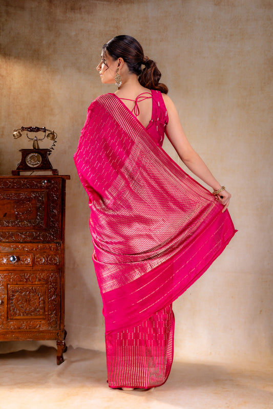 Fuchsia Pink Crepe Saree with Vertical Zari Buttas and Striped Zari Border