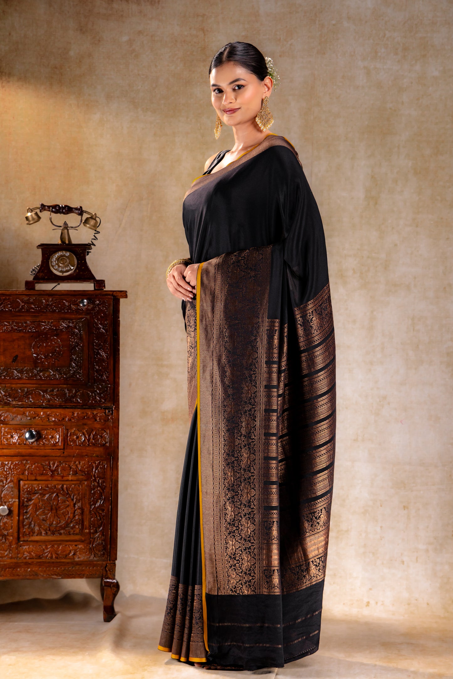 Black Crepe Silk Saree with Antique Zari Doble Peacock Border