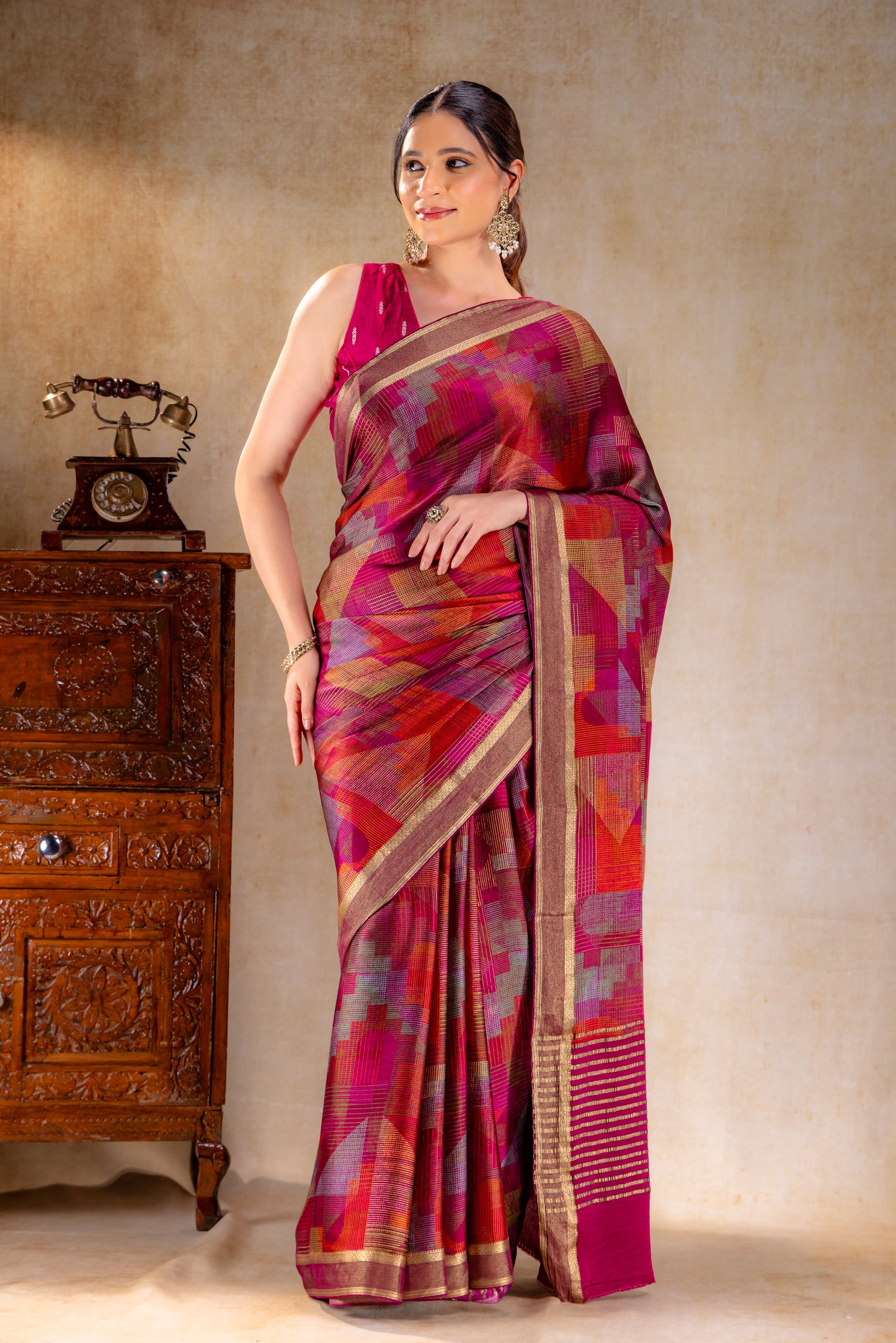 Berry Red Geometric Print Satin Saree with Gold Zari Border