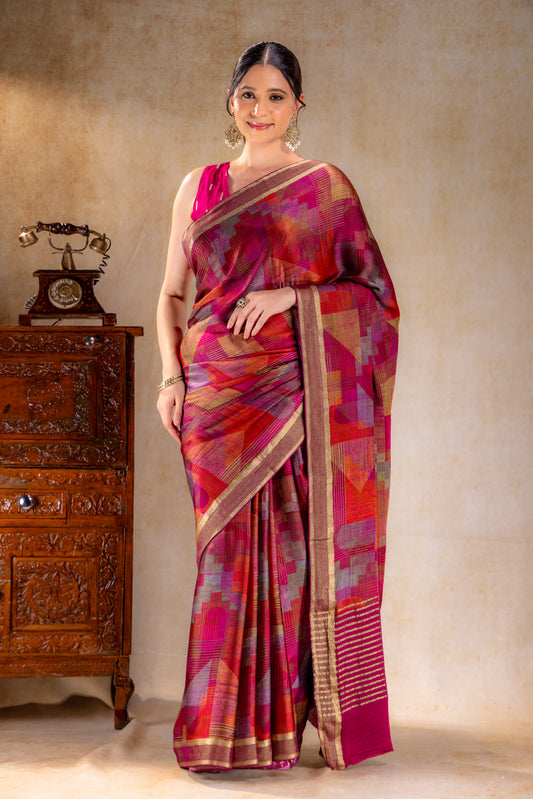 Berry Red Geometric Print Satin Saree with Gold Zari Border