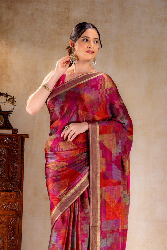 Berry Red Geometric Print Satin Saree with Gold Zari Border