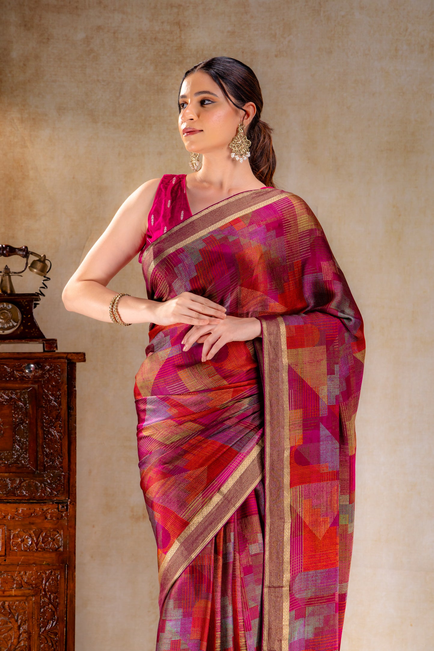 Berry Red Geometric Print Satin Saree with Gold Zari Border