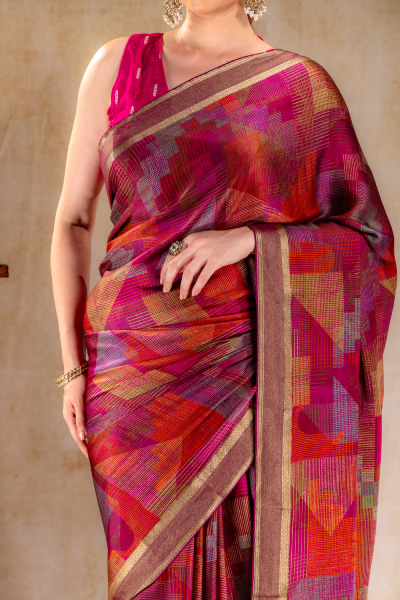 Berry Red Geometric Print Satin Saree with Gold Zari Border