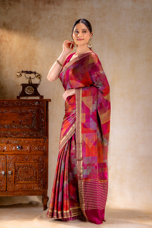 Berry Red Geometric Print Satin Saree with Gold Zari Border