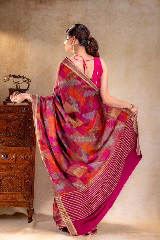 Berry Red Geometric Print Satin Saree with Gold Zari Border