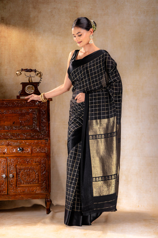 Charcoal Black Crepe Saree with Gold-Silver Check Lines with Satin Border