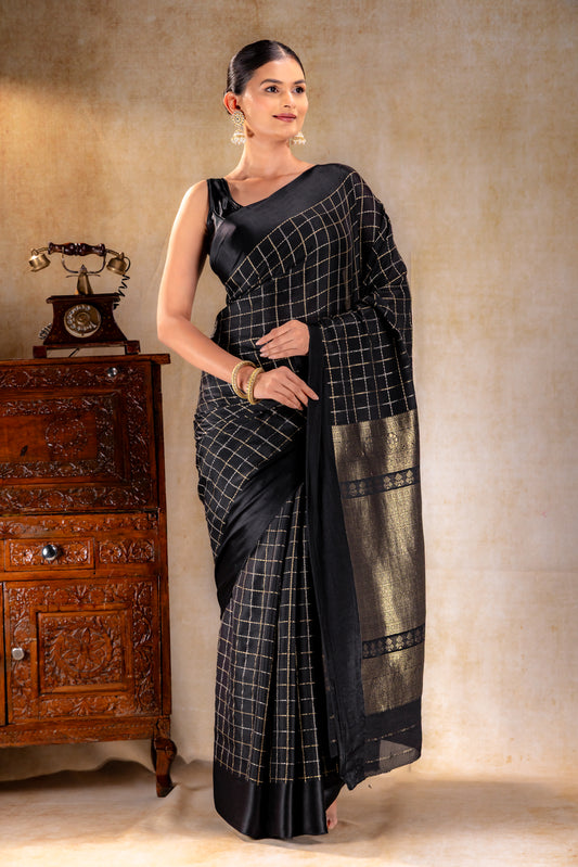 Charcoal Black Crepe Saree with Gold-Silver Check Lines with Satin Border