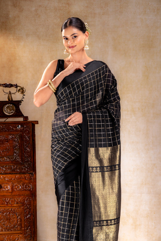 Charcoal Black Crepe Saree with Gold-Silver Check Lines with Satin Border