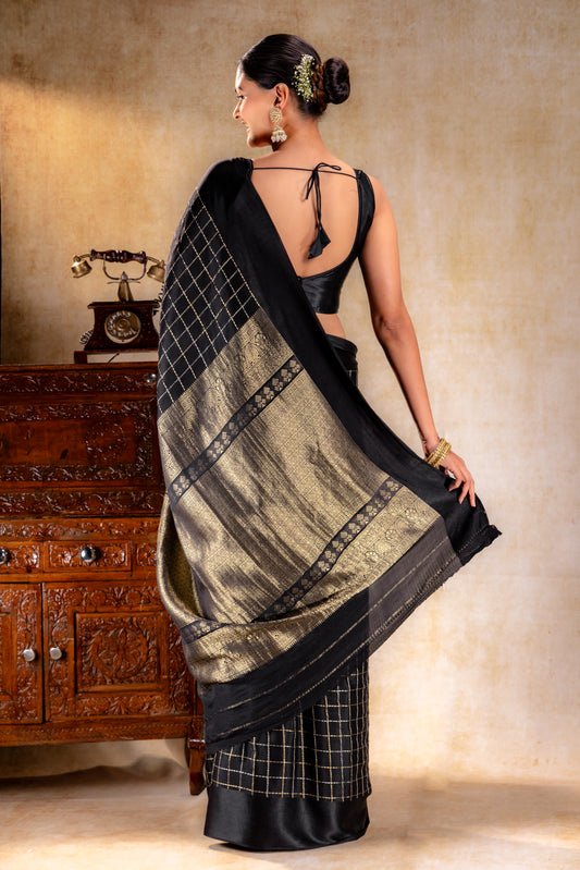 Charcoal Black Crepe Saree with Gold-Silver Check Lines with Satin Border
