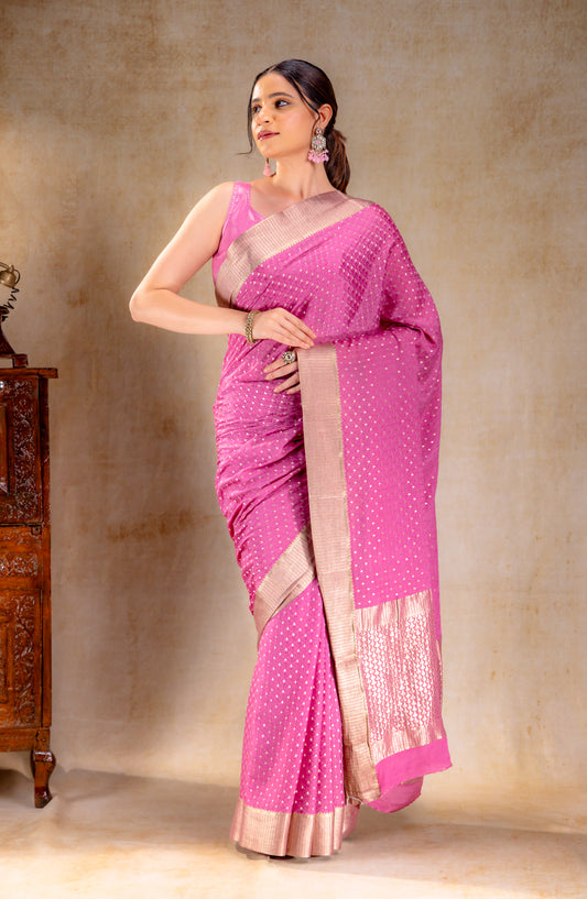 Lavender Pink  Crepe Saree with Silver Zari Buttas and Floral Jaal Weave