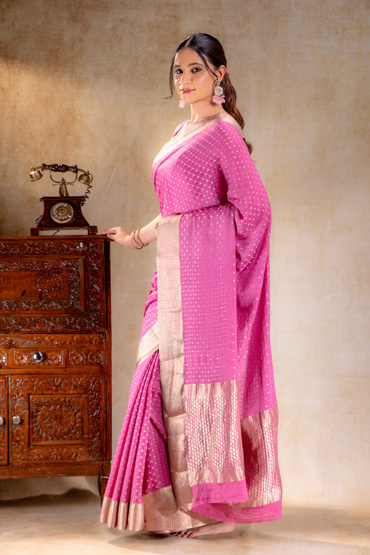 Lavender Pink  Crepe Saree with Silver Zari Buttas and Floral Jaal Weave
