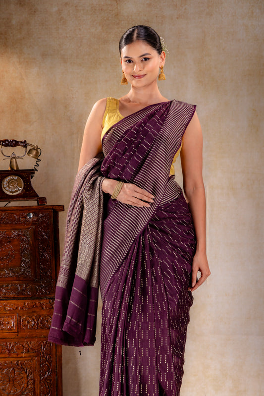 Plum Purple Crepe Saree with Vertical Zari Dots and Contemporary Striped Border