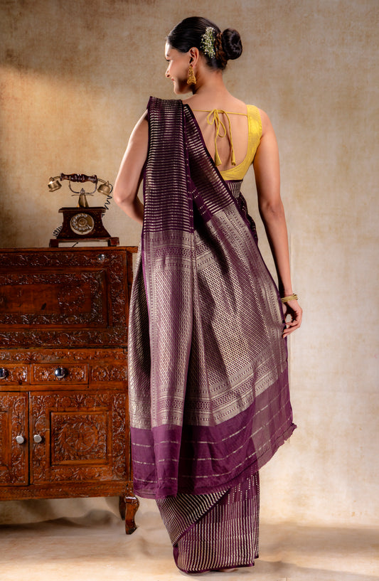 Plum Purple Crepe Saree with Vertical Zari Dots and Contemporary Striped Border
