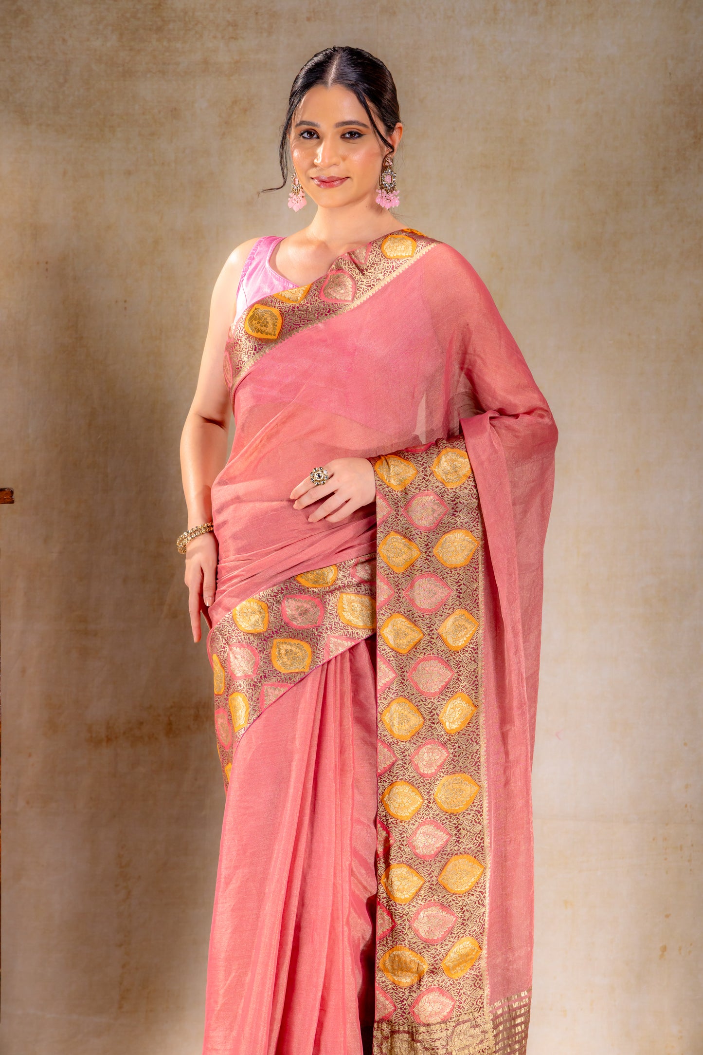 Dusty Rose Tissue Saree with Sunset Leaf Zari Border