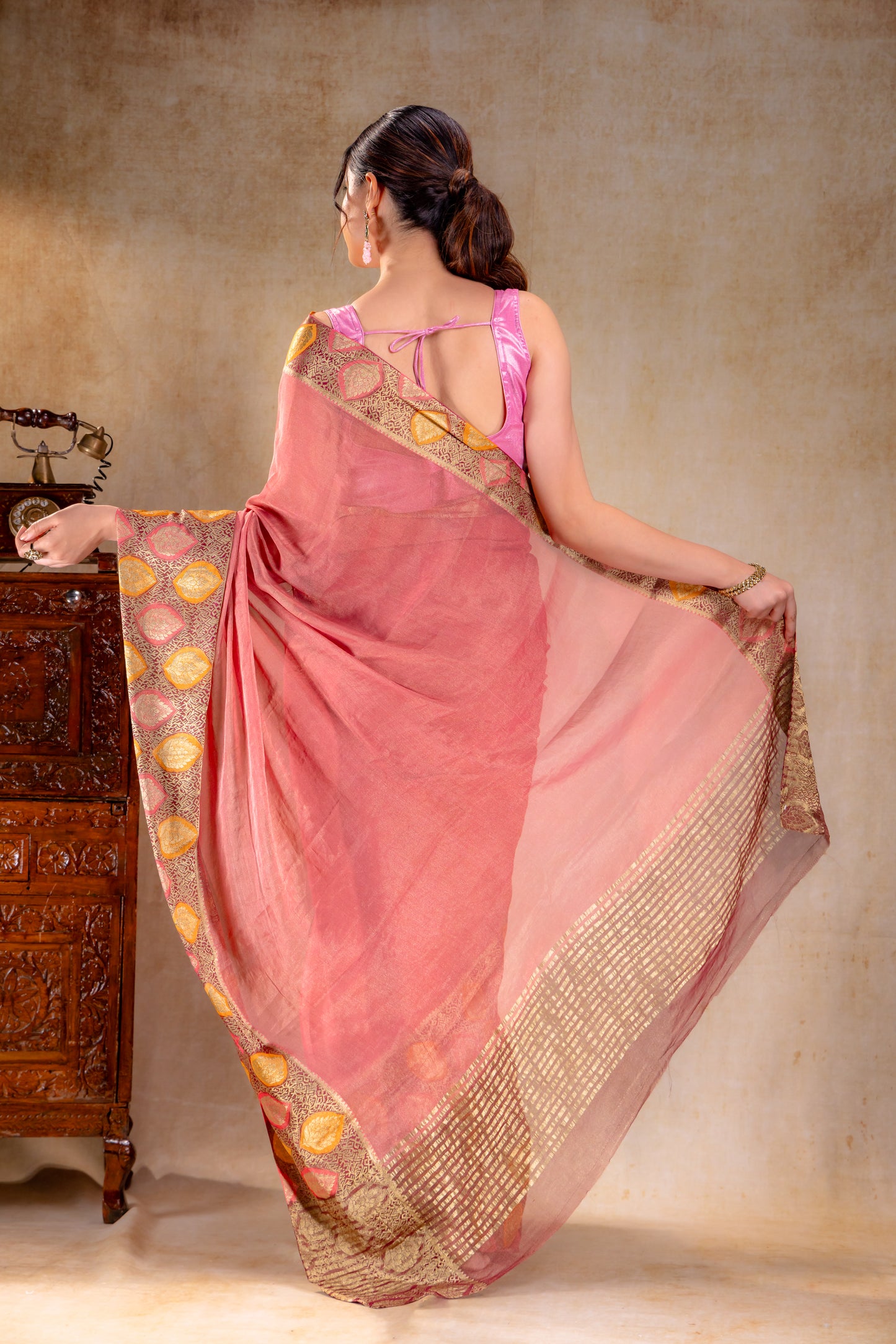 Dusty Rose Tissue Saree with Sunset Leaf Zari Border