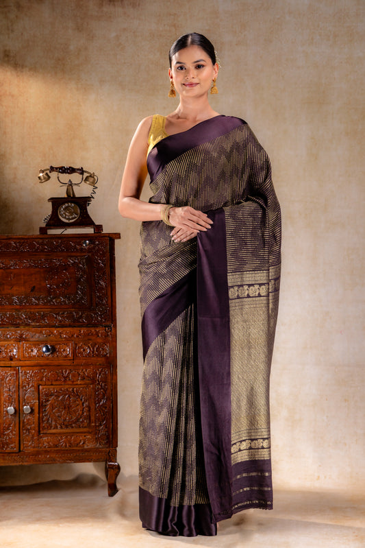Chocolate Crepe Silk Saree with Metallic ZigZag Weave and Satin Border