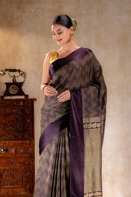 Chocolate Crepe Silk Saree with Metallic ZigZag Weave and Satin Border