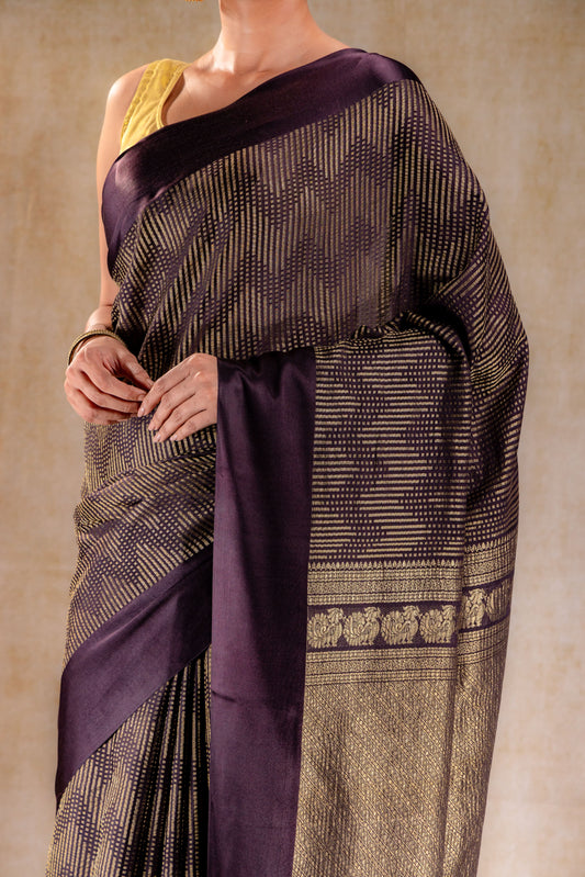 Chocolate Crepe Silk Saree with Metallic ZigZag Weave and Satin Border