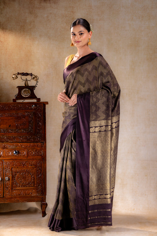Chocolate Crepe Silk Saree with Metallic ZigZag Weave and Satin Border