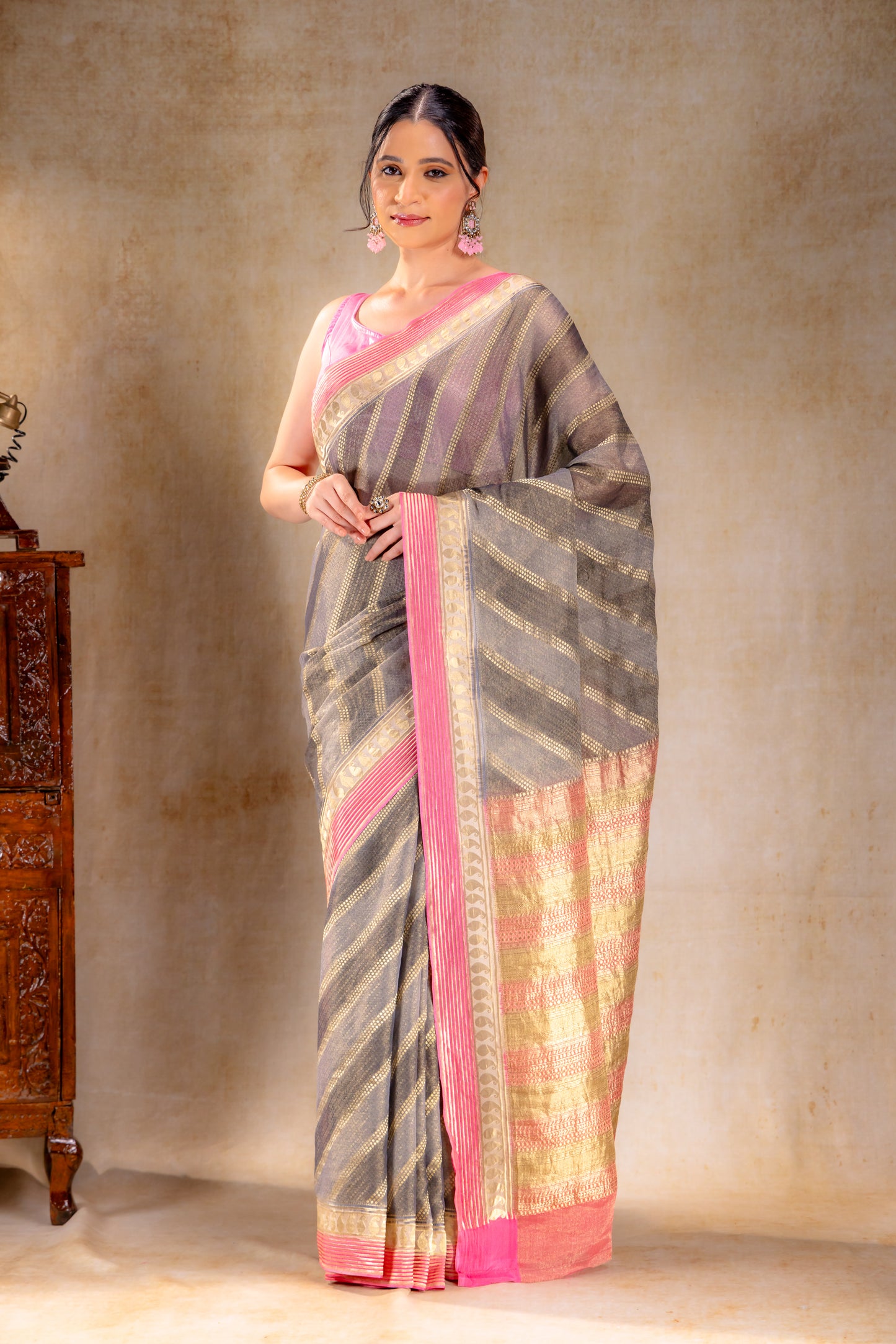 Charcoal Gold Tissue Saree with Mango Motif and Pink Zari Border
