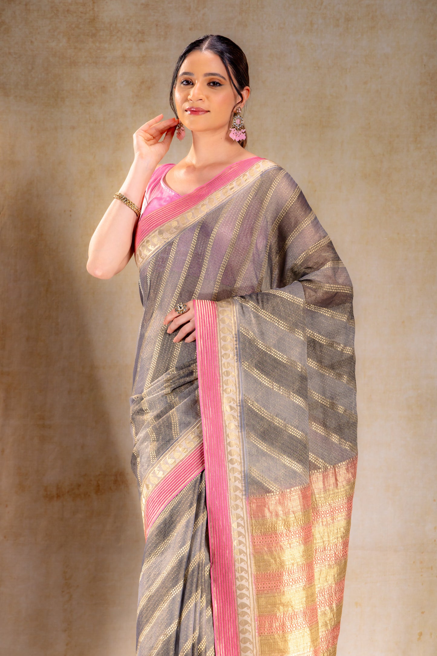 Charcoal Gold Tissue Saree with Mango Motif and Pink Zari Border