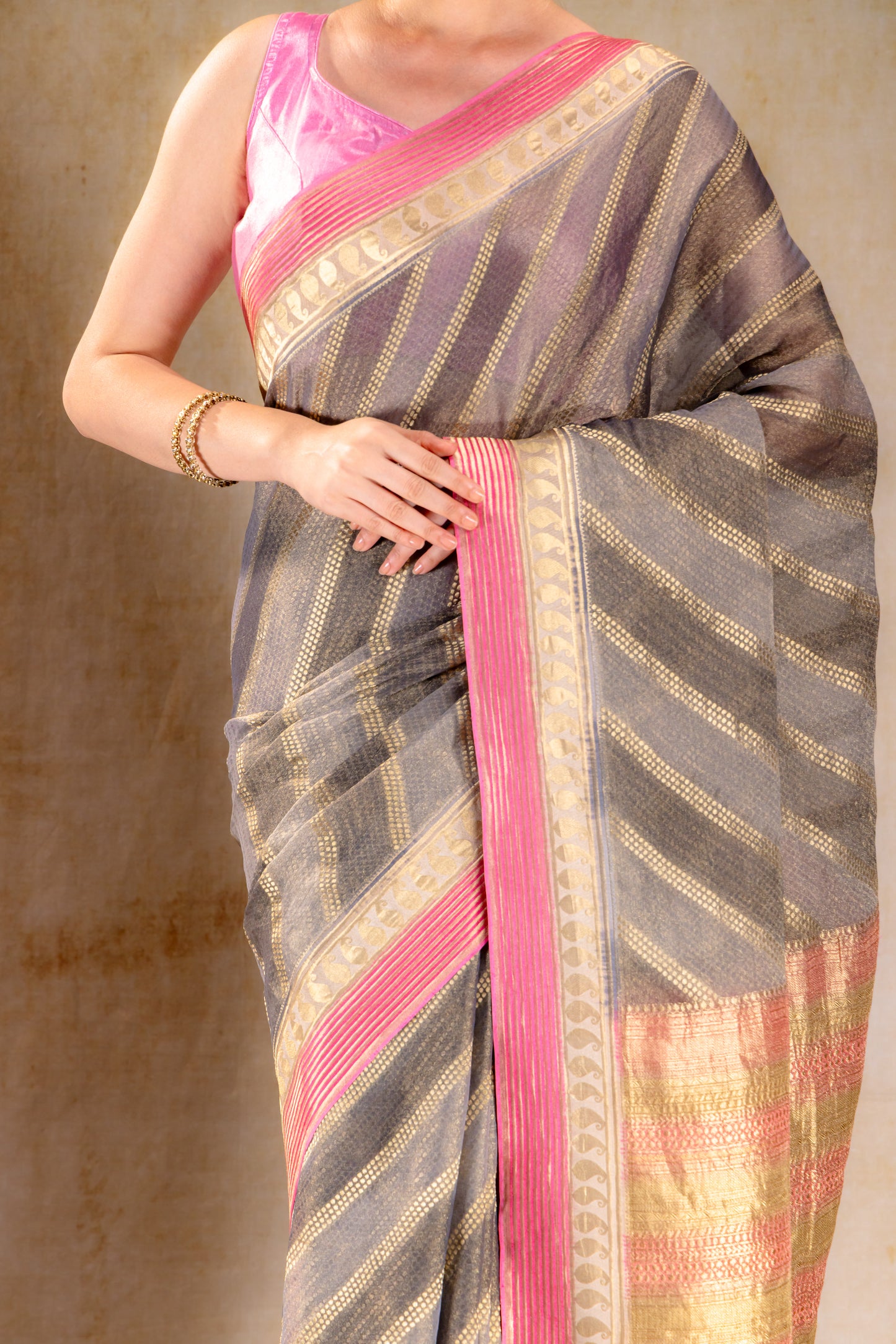 Charcoal Gold Tissue Saree with Mango Motif and Pink Zari Border