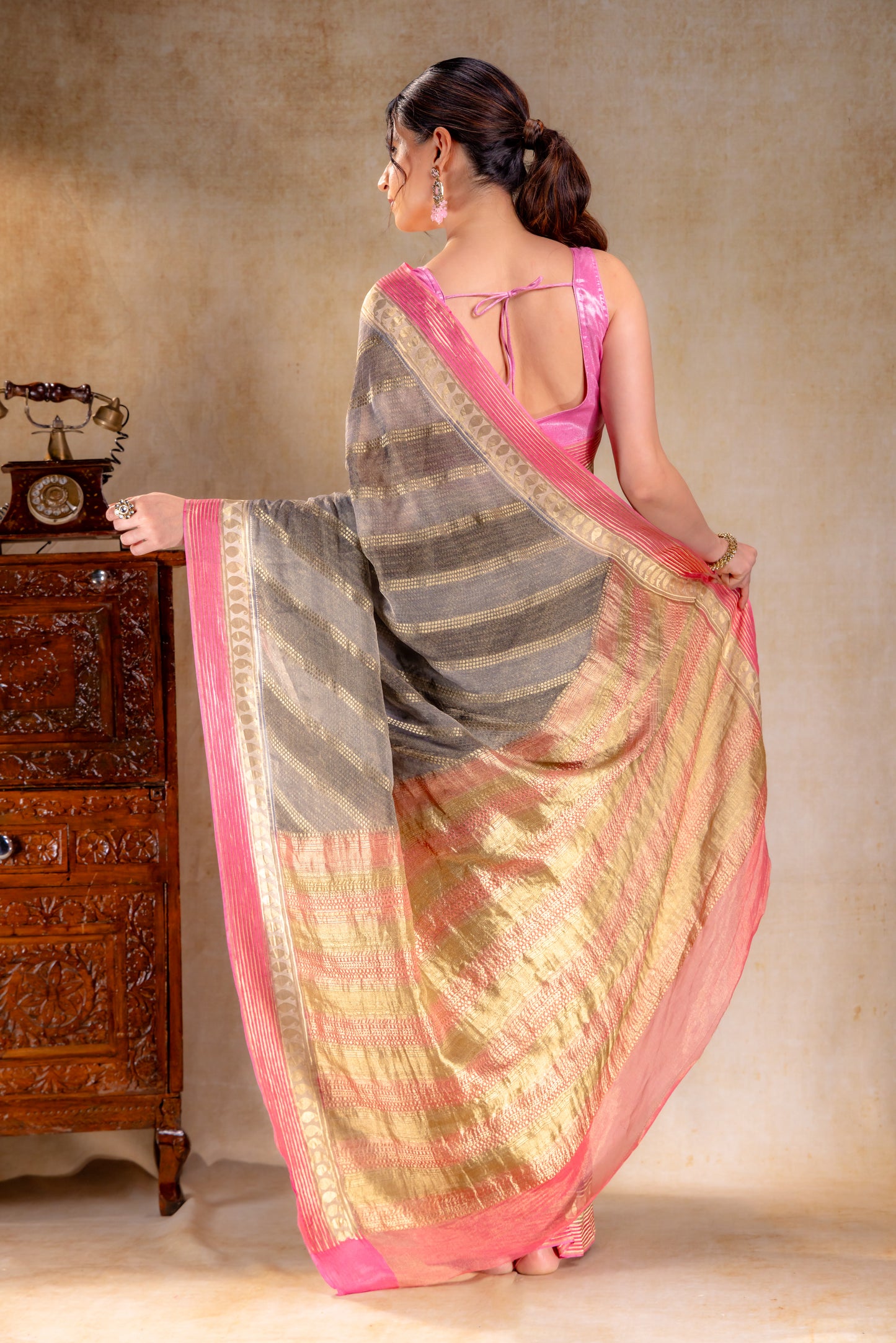 Charcoal Gold Tissue Saree with Mango Motif and Pink Zari Border