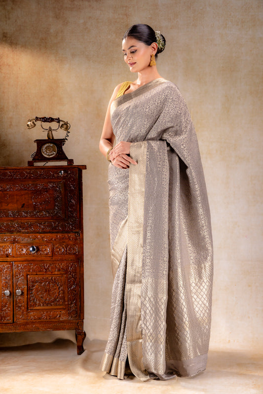 Champagne Beige Crepe Brocade Saree with Intricate Zari Floral Weave