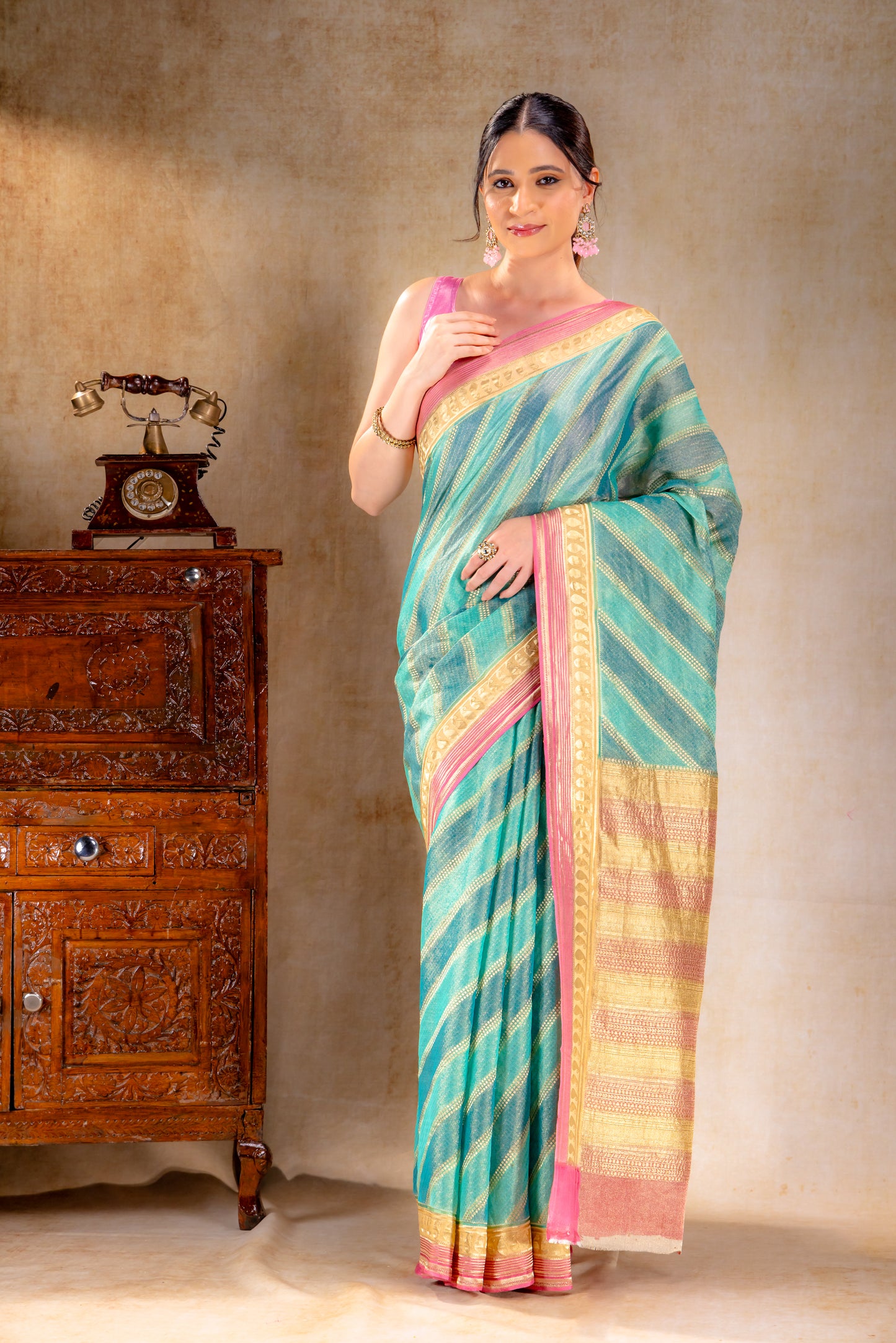 Teal Green Tissue Saree with Mango Motif and Contrasting Zari Lines