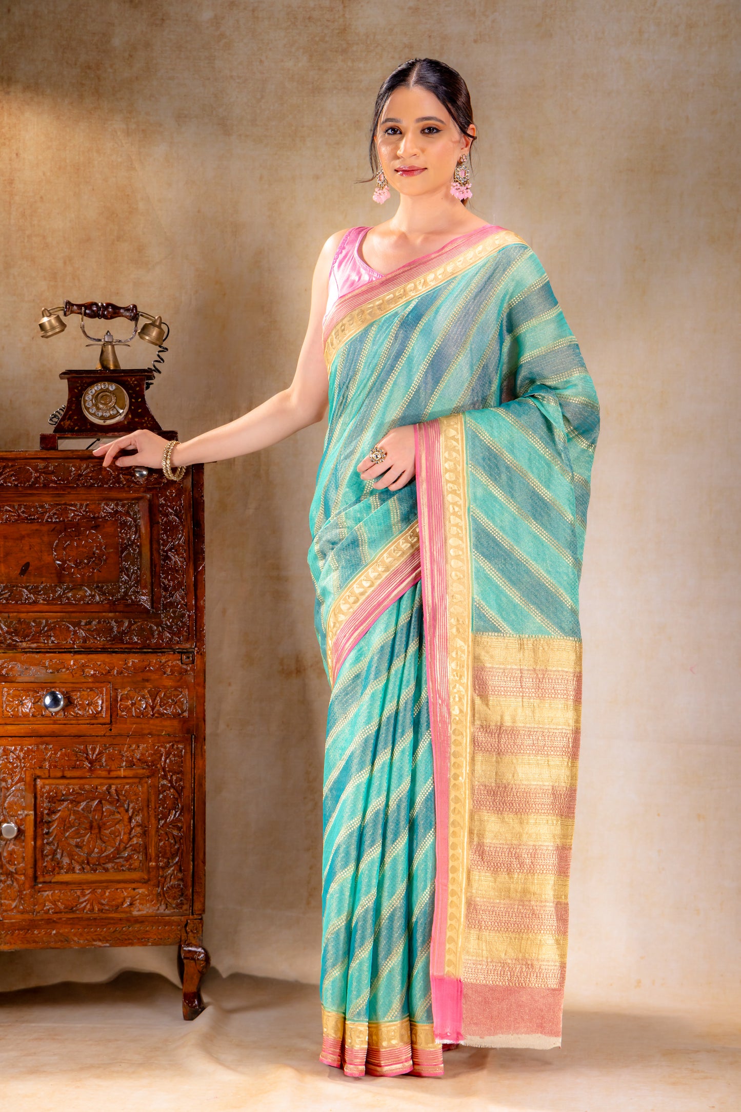 Teal Green Tissue Saree with Mango Motif and Contrasting Zari Lines