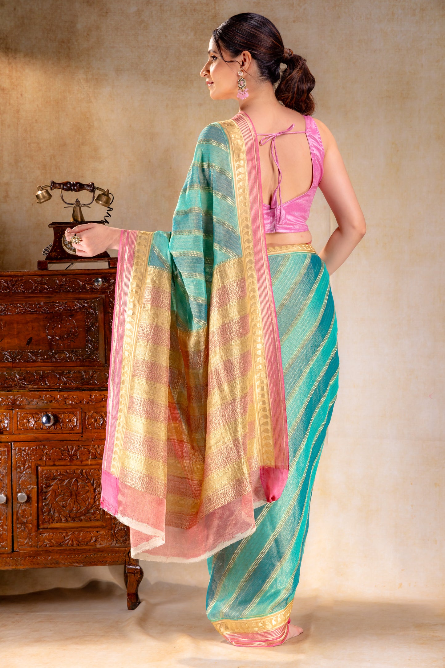 Teal Green Tissue Saree with Mango Motif and Contrasting Zari Lines