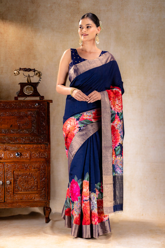Midnight Navy Dupion Bloom Printed Silk Saree
