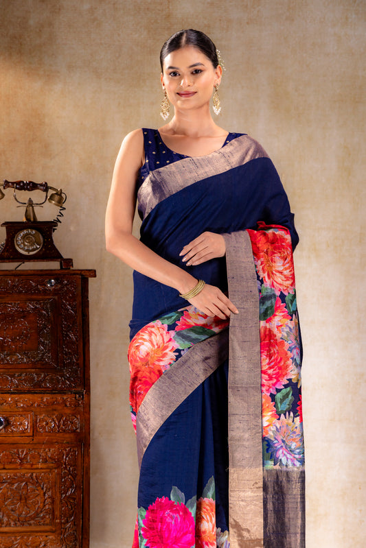 Midnight Navy Dupion Bloom Printed Silk Saree