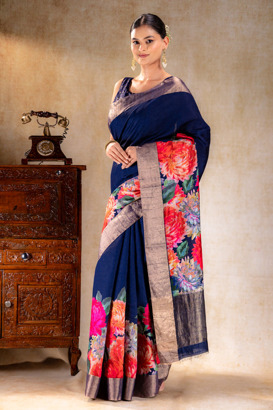 Midnight Navy Dupion Bloom Printed Silk Saree