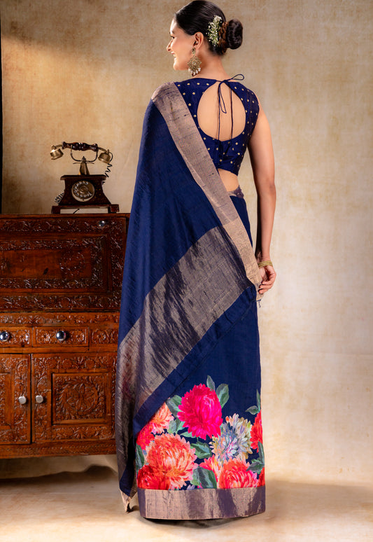 Midnight Navy Dupion Bloom Printed Silk Saree
