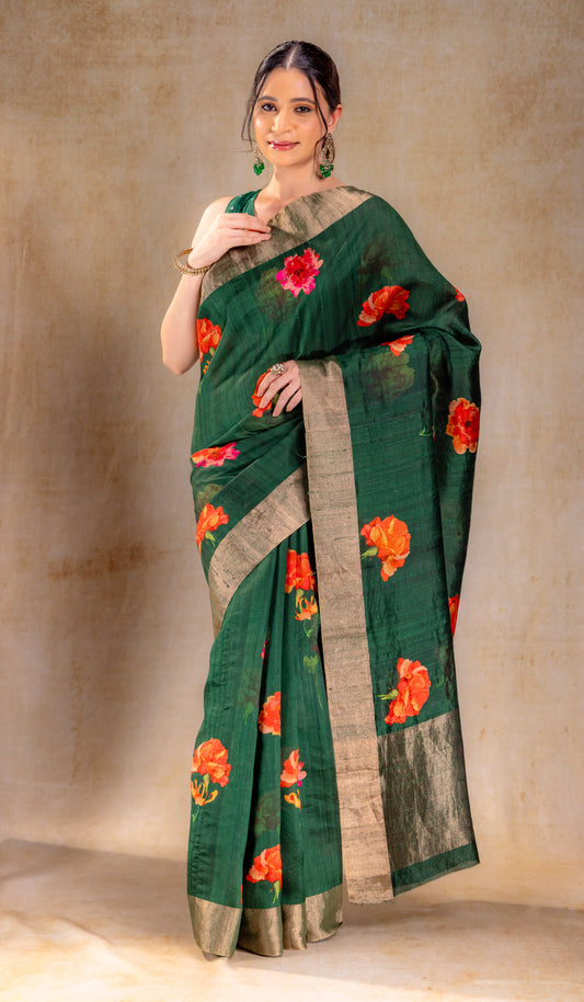 Forest Green Dupion Bloom Printed Silk Saree