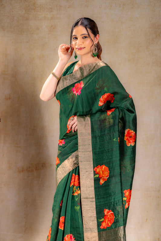Forest Green Dupion Bloom Printed Silk Saree
