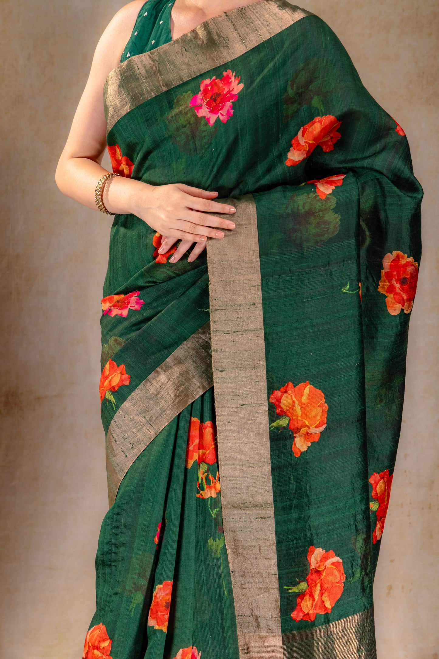 Forest Green Dupion Bloom Printed Silk Saree
