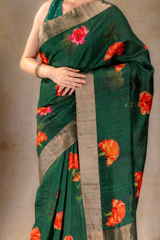 Forest Green Dupion Bloom Printed Silk Saree