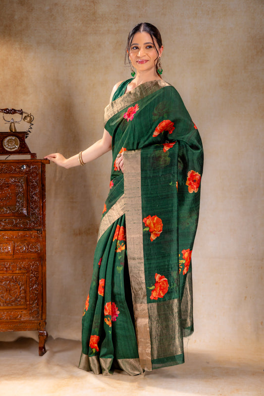 Forest Green Dupion Bloom Printed Silk Saree