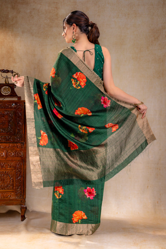 Forest Green Dupion Bloom Printed Silk Saree