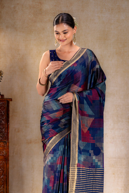 Ink Blue Geometric Print Satin Saree with Gold Zari Border