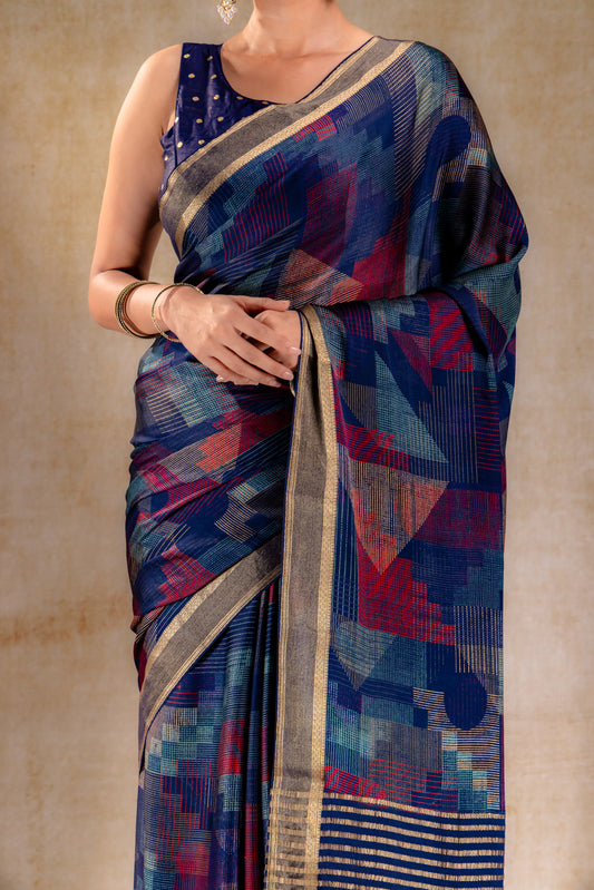 Ink Blue Geometric Print Satin Saree with Gold Zari Border
